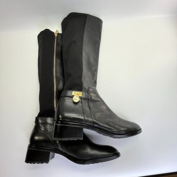 Michael Kors Women's Hamilton Stretch Boot Size 8.5 Black Leather  MK Logo - Picture 1 of 16